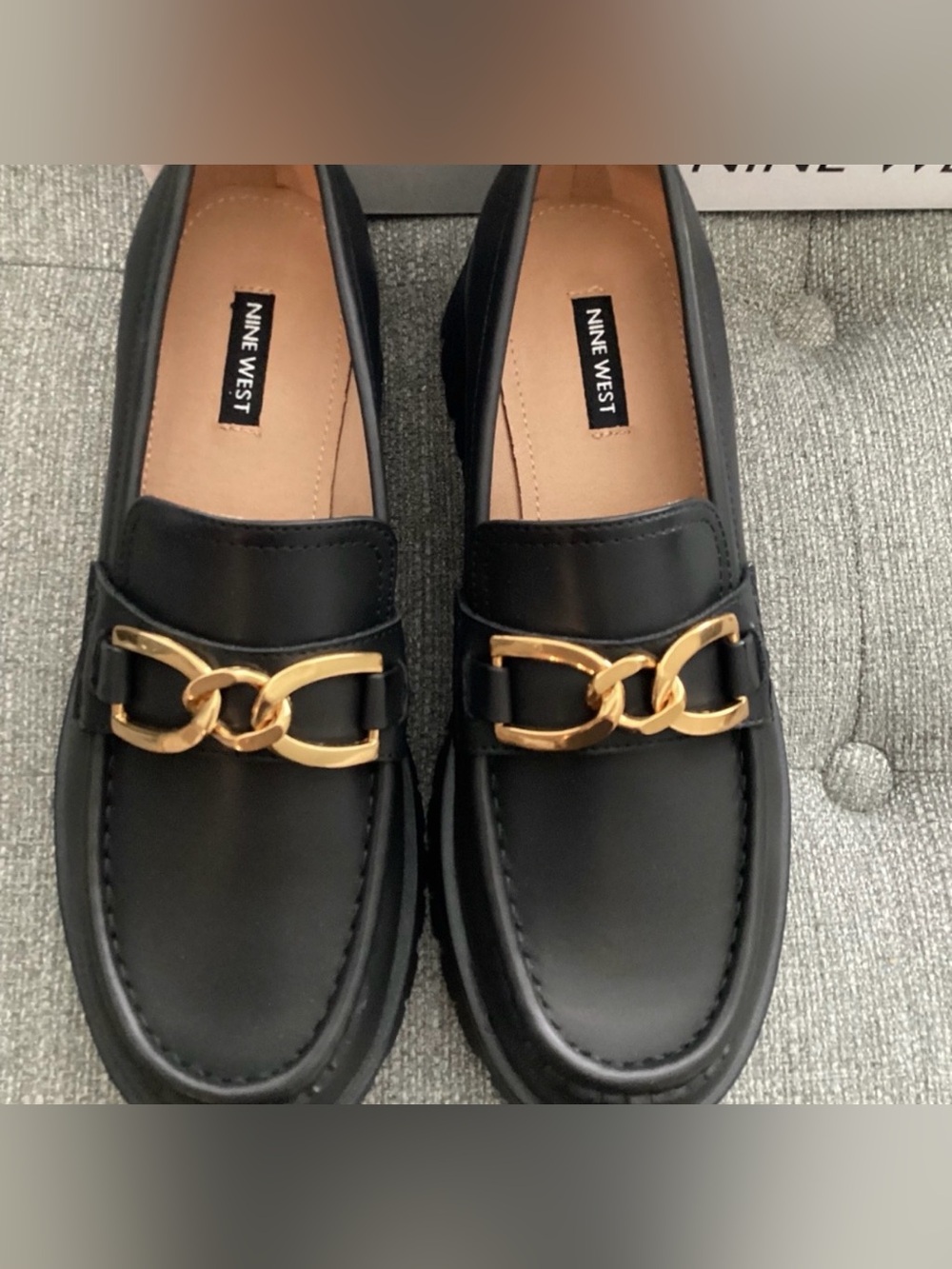 Nine West Black Loafers with Gold Chain Detail